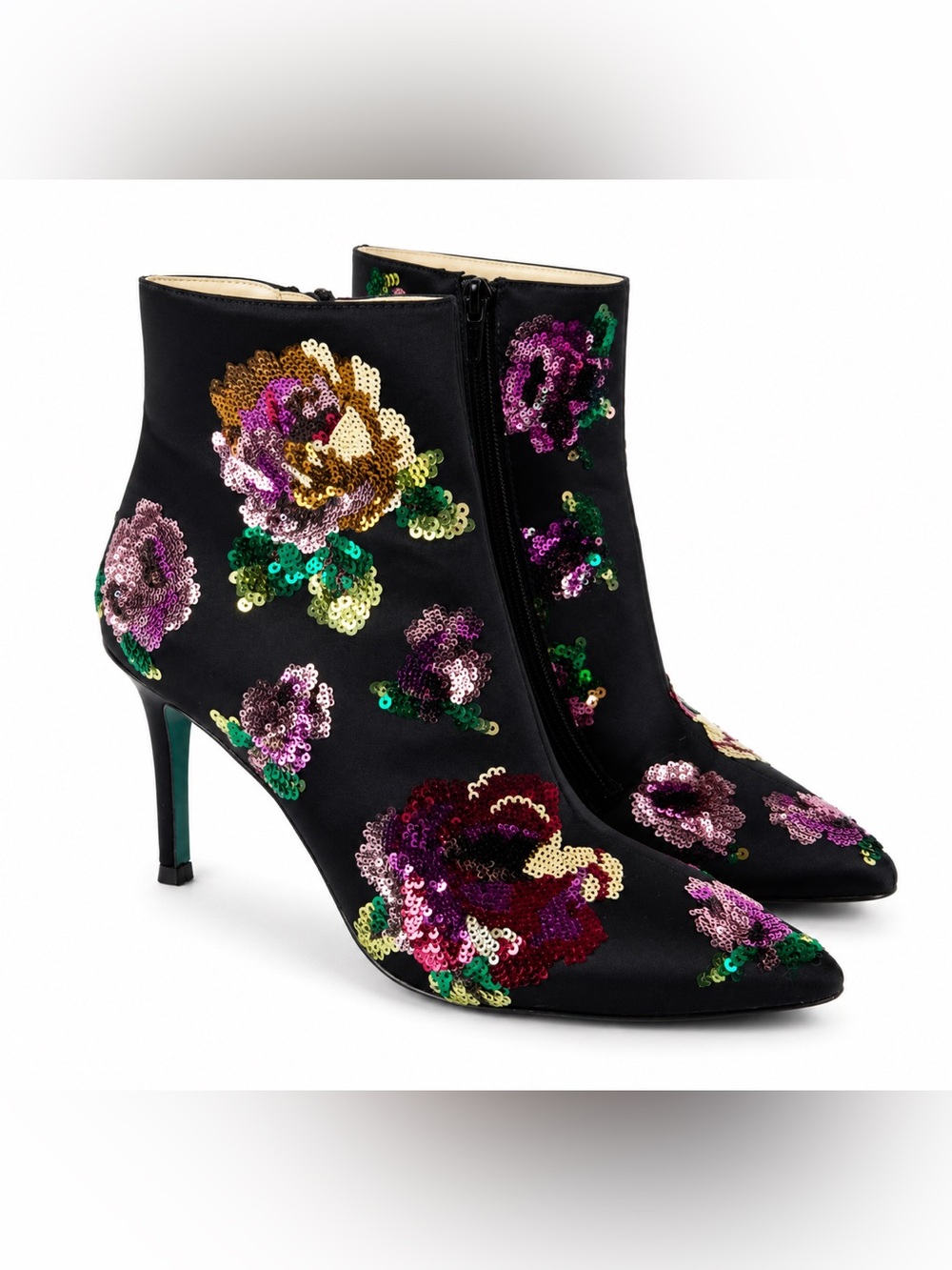 Betsey Johnson Black Satin Ankle Booties Multicolor Sequin Appliqués Size 7
